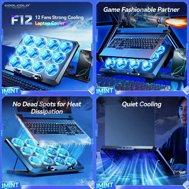 Laptop Stand - COOLCOLD แผ่นรองระบายความร้อนสำหรับแล็ปท็อปพร้อมพัดลมเงียบ 12 ตัว, แท่นวางแล็ปท็อปสำหรับเล่นเกมขนาด 12-17.3